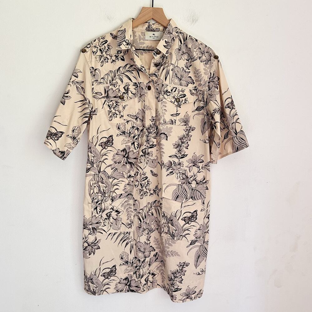 Etro Floral Short Sleeve Cotton Dress Cream Size 46/10